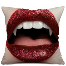 Sexy Woman Lips With Bloody Lipstick Fashion Glamour Halloween Art Design Vampire Girl Getting Ready To Celebrate Halloween Pillows 171422560