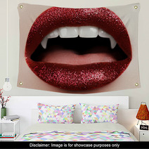 Sexy Woman Lips With Bloody Lipstick Fashion Glamour Halloween Art Design Vampire Girl Getting Ready To Celebrate Halloween Wall Art 171422560