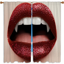 Sexy Woman Lips With Bloody Lipstick Fashion Glamour Halloween Art Design Vampire Girl Getting Ready To Celebrate Halloween Window Curtains 171422560