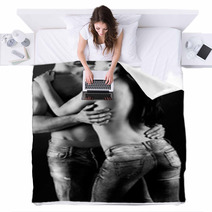 Sexy Young Couple With Blue Jeans Standing Together Blankets 53541626