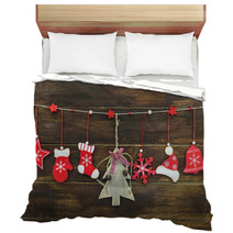 Shabby Chic Rustic Christmas Decorations On Wooden Board Bedding 57887970