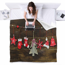 Shabby Chic Rustic Christmas Decorations On Wooden Board Blankets 57887970