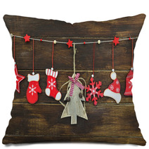 Shabby Chic Rustic Christmas Decorations On Wooden Board Pillows 57887970