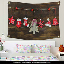 Shabby Chic Rustic Christmas Decorations On Wooden Board Wall Art 57887970