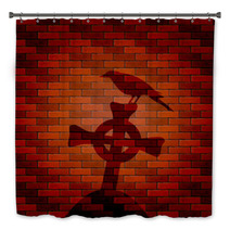 Shadow Of Raven And Cross On A Brick Wall Bath Decor 93184892