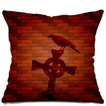 Shadow Of Raven And Cross On A Brick Wall Pillows 93184892