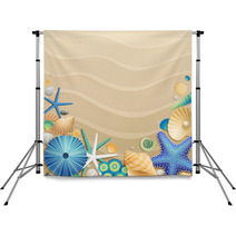 Shells And Starfishes On Sand Background Backdrops 34822113