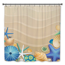 Shells And Starfishes On Sand Background Bath Decor 34822113
