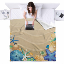 Shells And Starfishes On Sand Background Blankets 34822113