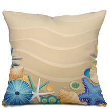 Shells And Starfishes On Sand Background Pillows 34822113