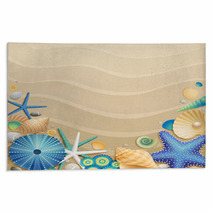Shells And Starfishes On Sand Background Rugs 34822113