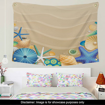 Shells And Starfishes On Sand Background Wall Art 34822113