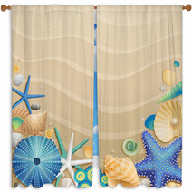 Shells And Starfishes On Sand Background Window Curtains 34822113