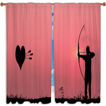 Silhouette Archery Shoots A Bow At The Heart Shape Target In The Window Curtains 68462228