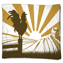 Silhouette Cockerel Crowing On Farm Blankets 73401871