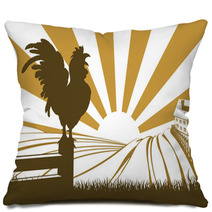 Silhouette Cockerel Crowing On Farm Pillows 73401871