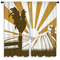Silhouette Cockerel Crowing On Farm Window Curtains 73401871