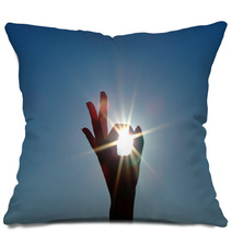 Silhouette Of A Female Hand, The Blue Sky And The Bright Sun Pillows 3860512