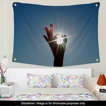 Silhouette Of A Female Hand, The Blue Sky And The Bright Sun Wall Art 3860512