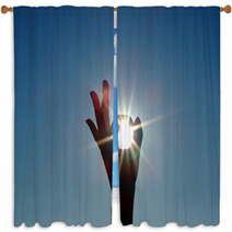 Silhouette Of A Female Hand, The Blue Sky And The Bright Sun Window Curtains 3860512