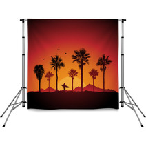 Silhouette Of A Surfer And Palm Trees At Sunset Backdrops 39959958