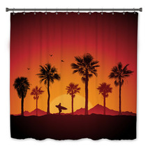Silhouette Of A Surfer And Palm Trees At Sunset Bath Decor 39959958