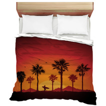 Silhouette Of A Surfer And Palm Trees At Sunset Bedding 39959958