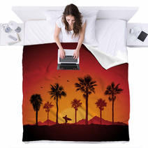 Silhouette Of A Surfer And Palm Trees At Sunset Blankets 39959958