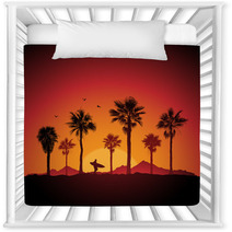 Silhouette Of A Surfer And Palm Trees At Sunset Nursery Decor 39959958