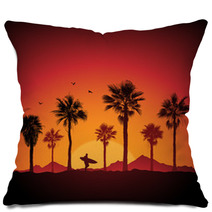 Silhouette Of A Surfer And Palm Trees At Sunset Pillows 39959958