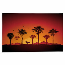 Silhouette Of A Surfer And Palm Trees At Sunset Rugs 39959958
