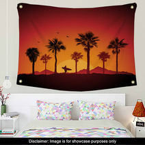 Silhouette Of A Surfer And Palm Trees At Sunset Wall Art 39959958