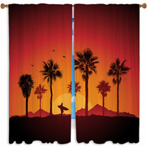 Silhouette Of A Surfer And Palm Trees At Sunset Window Curtains 39959958