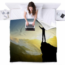 Silhouette Of A Winner On The Mountain Top. Active Life Concept Blankets 60757797