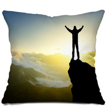 Silhouette Of A Winner On The Mountain Top. Active Life Concept Pillows 60757797