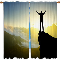 Silhouette Of A Winner On The Mountain Top. Active Life Concept Window Curtains 60757797