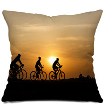 Silhouette Of Cycling On Sunset Background Pillows 108909430
