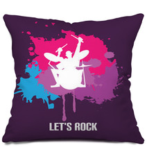 Silhouette Of Drummer Playing Drums On Bright Background Vector Illustration Pillows 117166600