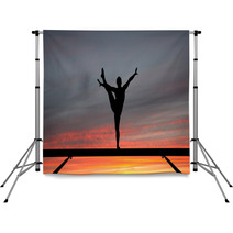 Silhouette Of Female Gymnast On Balance Beam In Sunset Backdrops 42661355