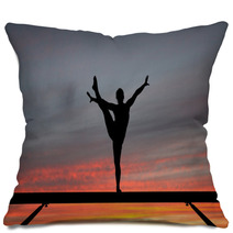 Silhouette Of Female Gymnast On Balance Beam In Sunset Pillows 42661355