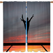 Silhouette Of Female Gymnast On Balance Beam In Sunset Window Curtains 42661355