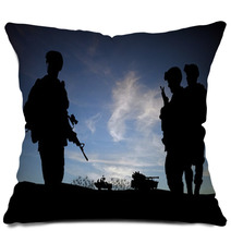 Silhouette Of Modern Soldiers With Military Vehicles Pillows 34163108