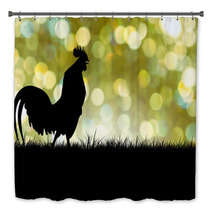 Silhouette Of Roosters Crow On The Lawn On Green Boken Backgroun Bath Decor 88485620