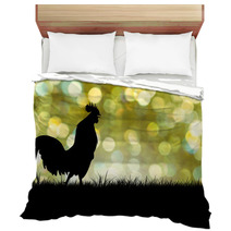 Silhouette Of Roosters Crow On The Lawn On Green Boken Backgroun Bedding 88485620