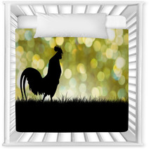 Silhouette Of Roosters Crow On The Lawn On Green Boken Backgroun Nursery Decor 88485620