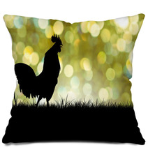 Silhouette Of Roosters Crow On The Lawn On Green Boken Backgroun Pillows 88485620