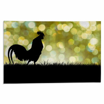 Silhouette Of Roosters Crow On The Lawn On Green Boken Backgroun Rugs 88485620