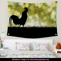 Silhouette Of Roosters Crow On The Lawn On Green Boken Backgroun Wall Art 88485620