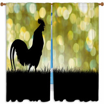 Silhouette Of Roosters Crow On The Lawn On Green Boken Backgroun Window Curtains 88485620