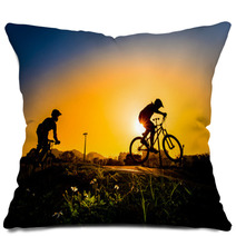 Silhouette Of Stunt Bmx Riders - Color Tone Tuned Pillows 83227917